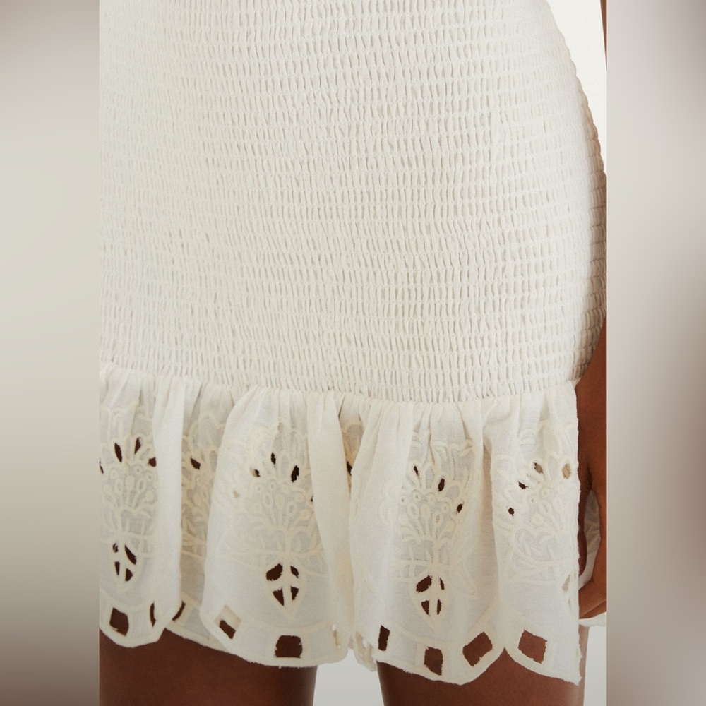White Smocked Skirt with Eyelet Hem